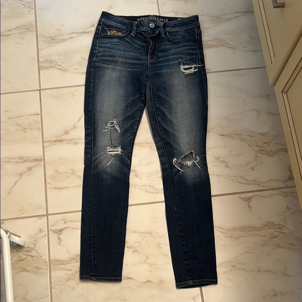 American Eagle Outfitters Blue Skinny Jeans with Distressed Details